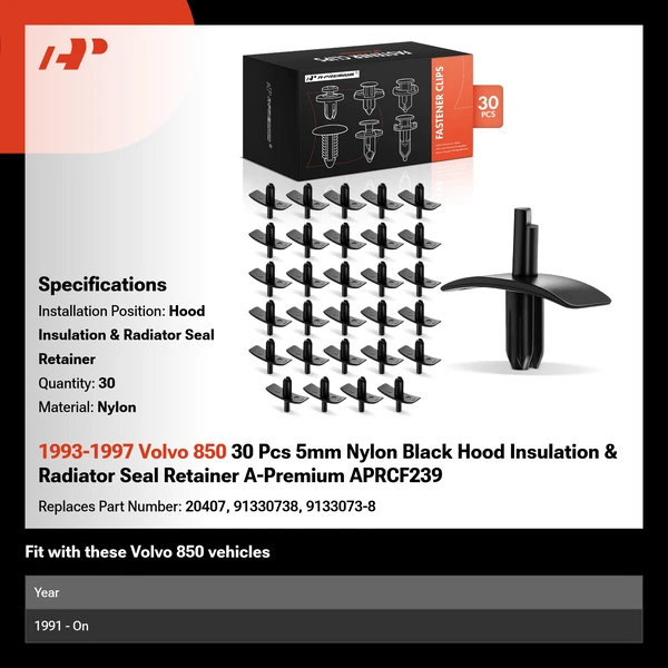 1993-1997 Volvo 850 30 Pcs 5mm Nylon Black Hood Insulation & Radiator Seal Retainer A-Premium APRCF239