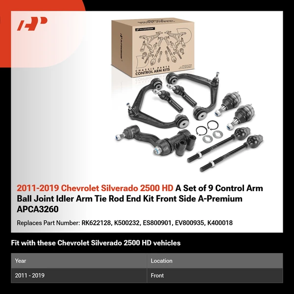2011-2019 Chevrolet Silverado 2500 HD A Set of 9 Control Arm Ball Joint Idler Arm Tie Rod End Kit Front Side A-Premium APCA3260