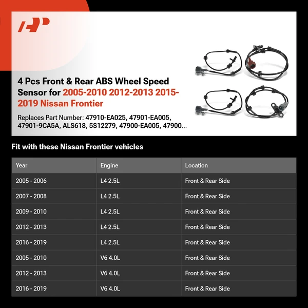 4 Pcs Front & Rear ABS Wheel Speed Sensor for 2005-2010 2012-2013 2015-2019 Nissan Frontier