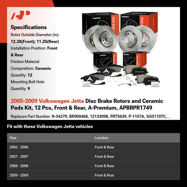 2005-2009 Volkswagen Jetta Disc Brake Rotors and Ceramic Pads Kit, 12 Pcs, Front & Rear, A-Premium, APBRPR1749