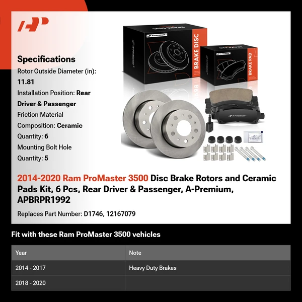 2014-2020 Ram ProMaster 3500 Disc Brake Rotors and Ceramic Pads Kit, 6 Pcs, Rear Driver & Passenger, A-Premium, APBRPR1992