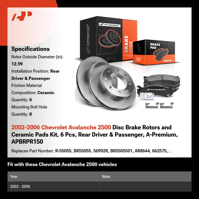 2002-2006 Chevrolet Avalanche 2500 Disc Brake Rotors and Ceramic Pads Kit, 6 Pcs, Rear Driver & Passenger, A-Premium, APBRPR150