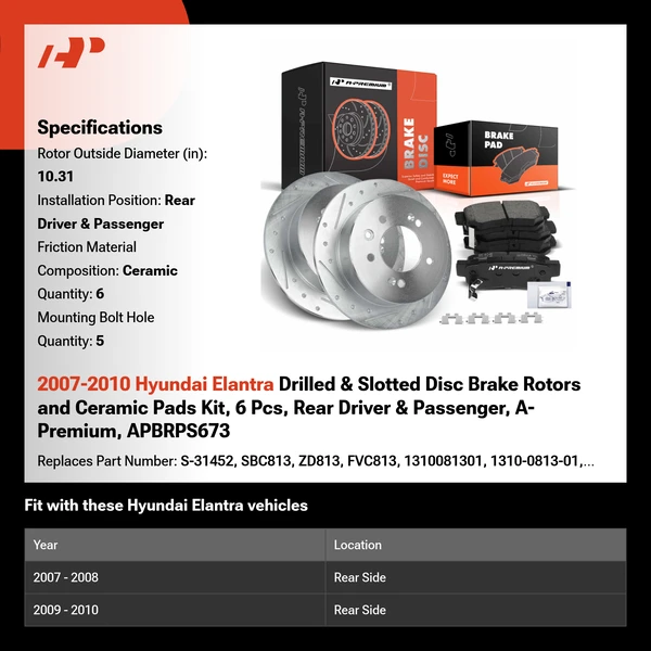 2007-2010 Hyundai Elantra Drilled & Slotted Disc Brake Rotors and Ceramic Pads Kit, 6 Pcs, Rear Driver & Passenger, A-Premium, APBRPS673
