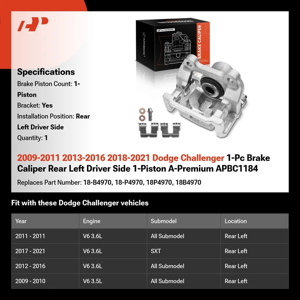 2009-2011 2013-2016 2018-2021 Dodge Challenger 1-Pc Brake Caliper Rear Left Driver Side 1-Piston A-Premium APBC1184