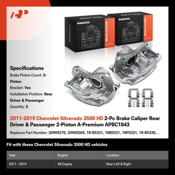 2011-2019 Chevrolet Silverado 3500 HD 2-Pc Brake Caliper Rear Driver & Passenger 2-Piston A-Premium APBC1843