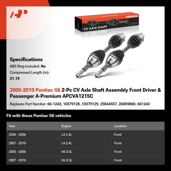 2005-2010 Pontiac G6 2-Pc CV Axle Shaft Assembly Front Driver & Passenger A-Premium APCVA1215C