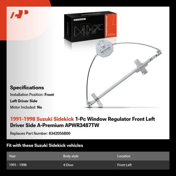 1991-1998 Suzuki Sidekick 1-Pc Window Regulator Front Left Driver Side A-Premium APWR3487TW