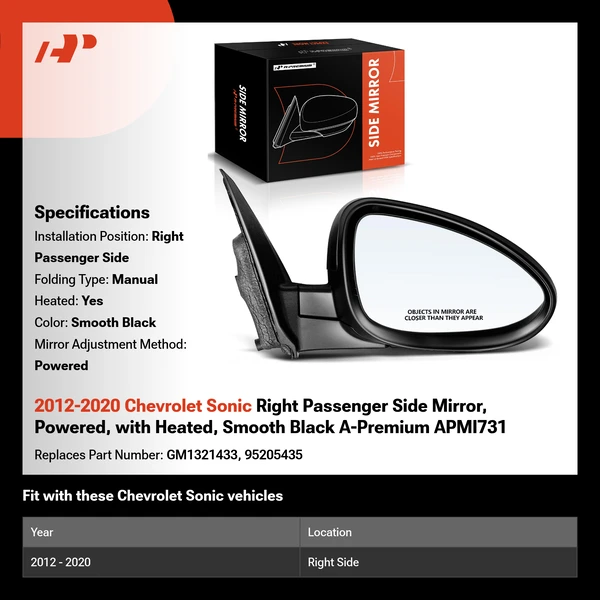 2012-2020 Chevrolet Sonic Right Passenger Side Mirror, Powered, with Heated, Smooth Black A-Premium APMI731