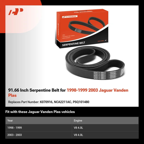 91.66 Inch Serpentine Belt for 1998-1999 2003 Jaguar Vanden Plas