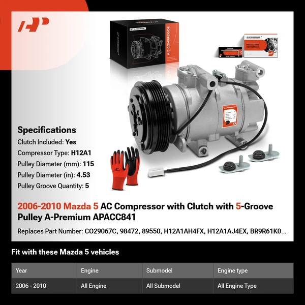 2006-2010 Mazda 5 AC Compressor with Clutch with 5-Groove Pulley A-Premium APACC841
