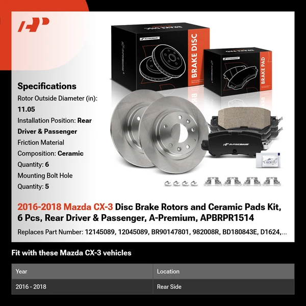 2016-2018 Mazda CX-3 Disc Brake Rotors and Ceramic Pads Kit, 6 Pcs, Rear Driver & Passenger, A-Premium, APBRPR1514