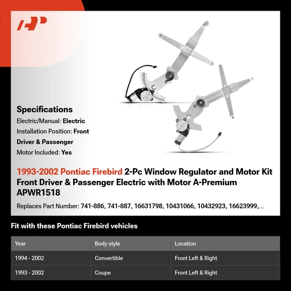 1993-2002 Pontiac Firebird 2-Pc Window Regulator and Motor Kit Front Driver & Passenger Electric with Motor A-Premium APWR1518