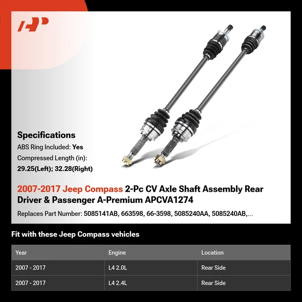 2007-2017 Jeep Compass 2-Pc CV Axle Shaft Assembly Rear Driver & Passenger A-Premium APCVA1274