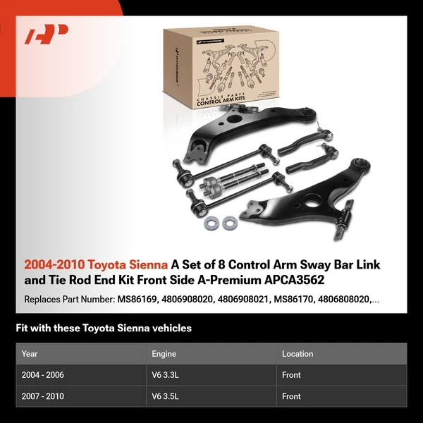 2004-2010 Toyota Sienna A Set of 8 Control Arm Sway Bar Link and Tie Rod End Kit Front Side A-Premium APCA3562