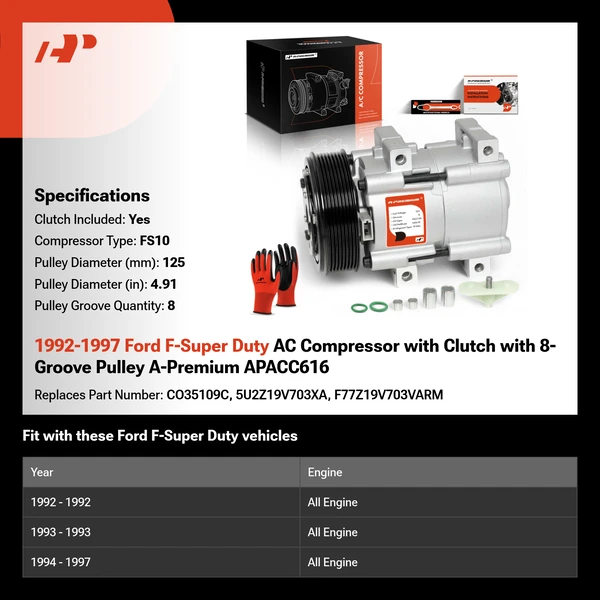 1992-1997 Ford F-Super Duty AC Compressor with Clutch with 8-Groove Pulley A-Premium APACC616