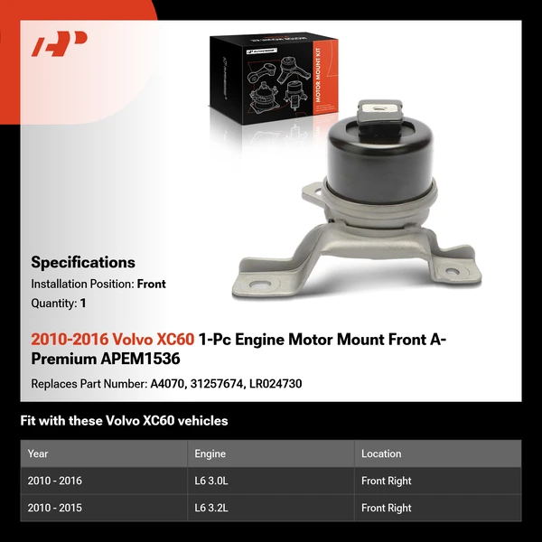 2010-2016 Volvo XC60 1-Pc Engine Motor Mount Front A-Premium APEM1536