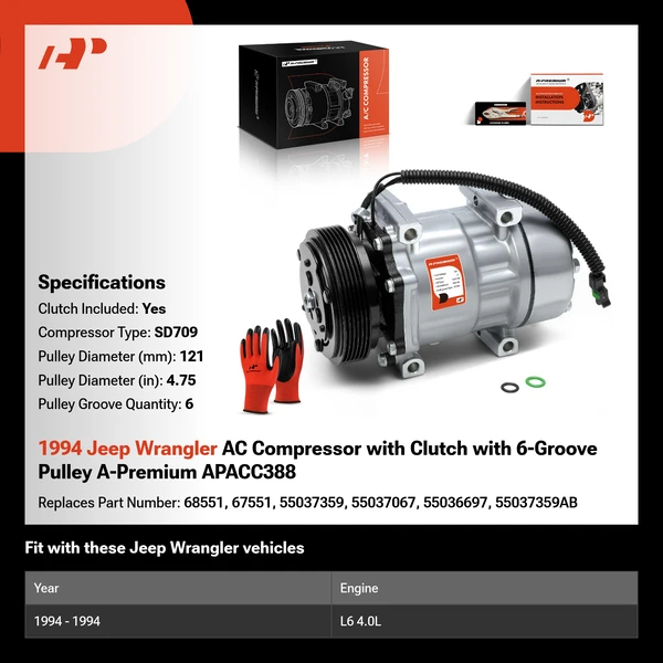 1994 Jeep Wrangler AC Compressor with Clutch with 6-Groove Pulley A-Premium APACC388