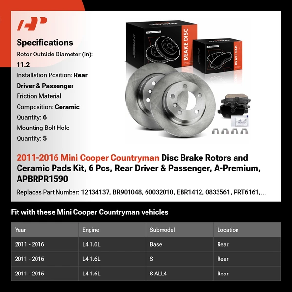 2011-2016 Mini Cooper Countryman Disc Brake Rotors and Ceramic Pads Kit, 6 Pcs, Rear Driver & Passenger, A-Premium, APBRPR1590
