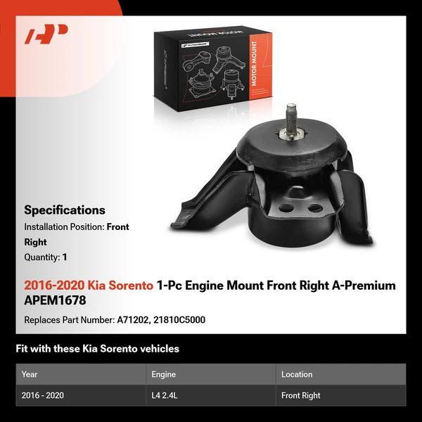 2016-2020 Kia Sorento 1-Pc Engine Mount Front Right A-Premium APEM1678