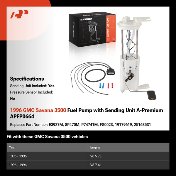 1996 GMC Savana 3500 Fuel Pump with Sending Unit A-Premium APFP0664