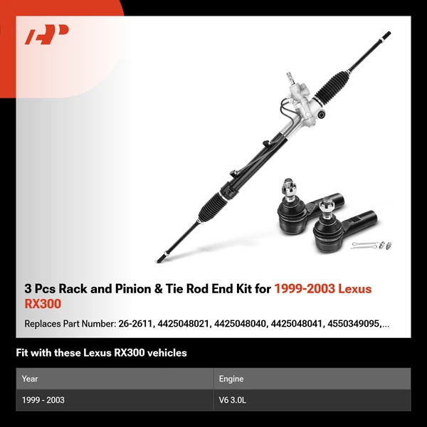 3 Pcs Rack and Pinion & Tie Rod End Kit for 1999-2003 Lexus RX300