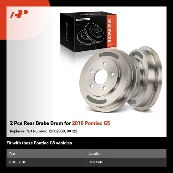 2 Pcs Rear Brake Drum for 2010 Pontiac G5