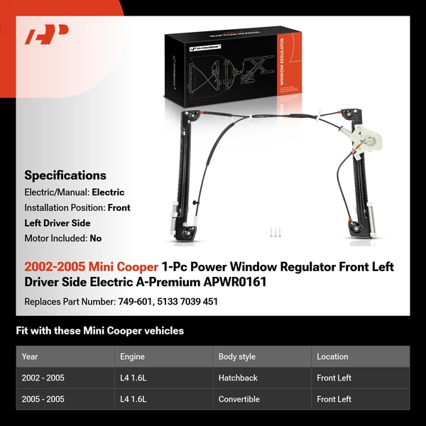 2002-2005 Mini Cooper 1-Pc Power Window Regulator Front Left Driver Side Electric A-Premium APWR0161