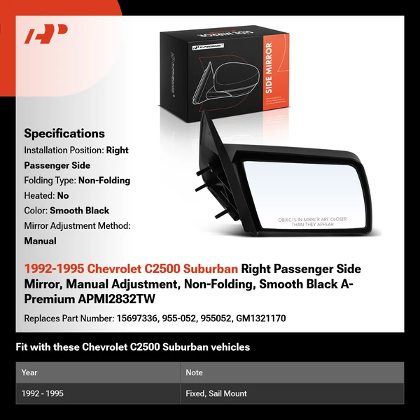 1992-1995 Chevrolet C2500 Suburban Right Passenger Side Mirror, Manual Adjustment, Non-Folding, Smooth Black A-Premium APMI2832TW