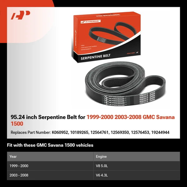 95.24 inch Serpentine Belt for 1999-2000 2003-2008 GMC Savana 1500