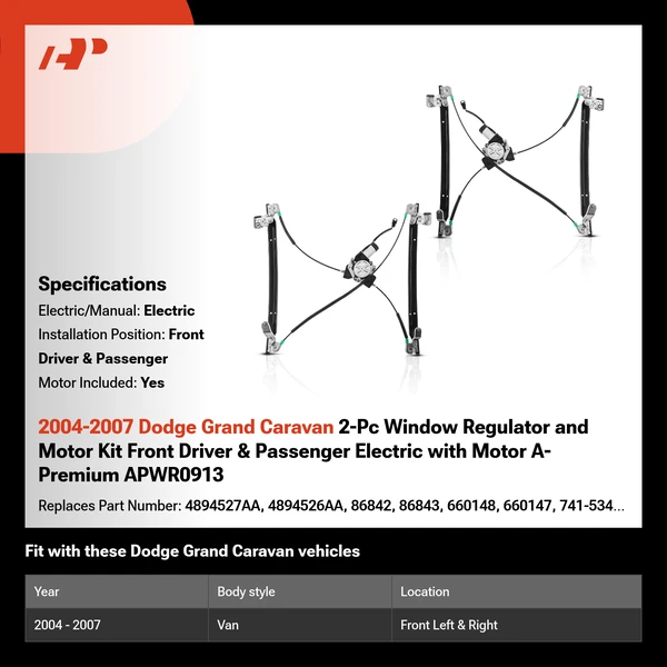 2004-2007 Dodge Grand Caravan 2-Pc Window Regulator and Motor Kit Front Driver & Passenger Electric with Motor A-Premium APWR0913