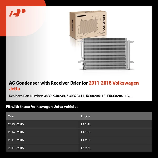 AC Condenser with Receiver Drier for 2011-2015 Volkswagen Jetta