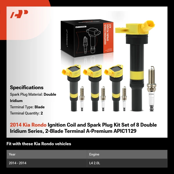 2014 Kia Rondo Ignition Coil and Spark Plug Kit Set of 8 Double Iridium Series, 2-Blade Terminal A-Premium APIC1129