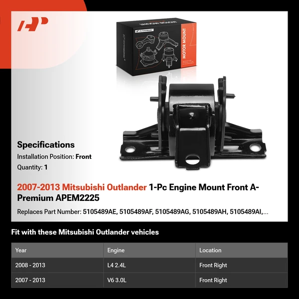 2007-2013 Mitsubishi Outlander 1-Pc Engine Mount Front A-Premium APEM2225