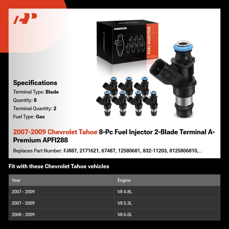 2007-2009 Chevrolet Tahoe 8-Pc Fuel Injector 2-Blade Terminal A-Premium APFI288