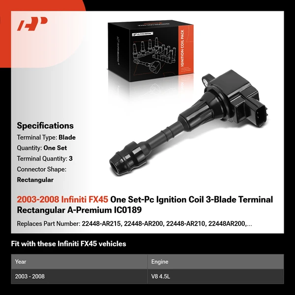 2003-2008 Infiniti FX45 One Set-Pc Ignition Coil 3-Blade Terminal Rectangular A-Premium IC0189