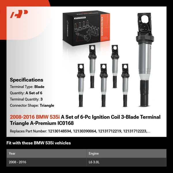 2008-2016 BMW 535i A Set of 6-Pc Ignition Coil 3-Blade Terminal Triangle A-Premium IC0168