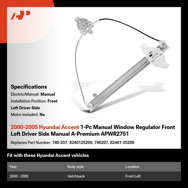 2000-2005 Hyundai Accent 1-Pc Manual Window Regulator Front Left Driver Side Manual A-Premium APWR2751
