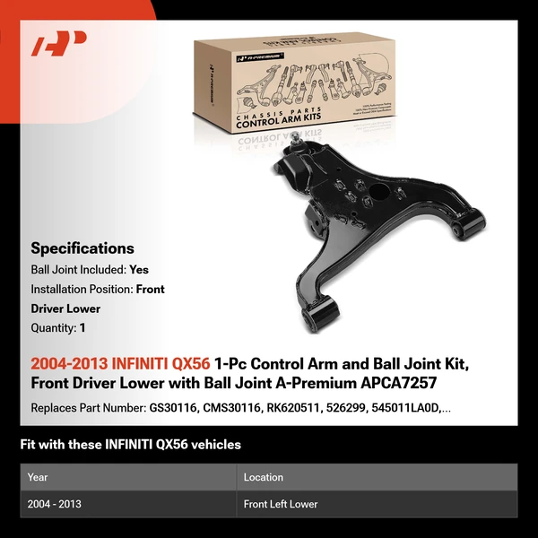 2004-2013 INFINITI QX56 1-Pc Control Arm and Ball Joint Kit, Front Driver Lower with Ball Joint A-Premium APCA7257