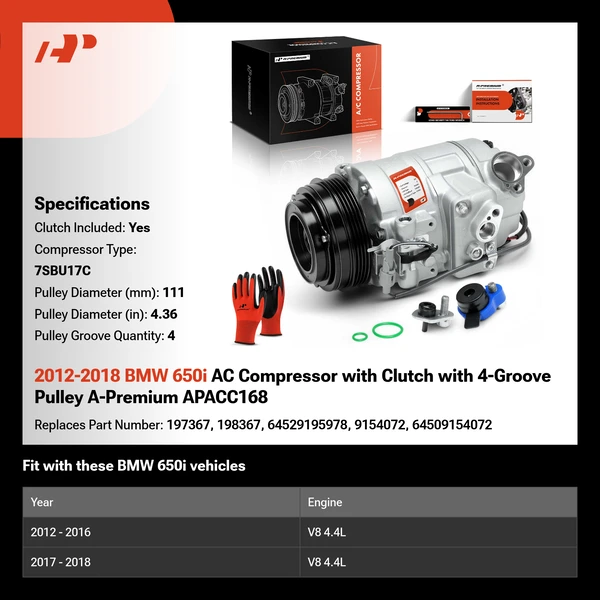 2012-2018 BMW 650i AC Compressor with Clutch with 4-Groove Pulley A-Premium APACC168