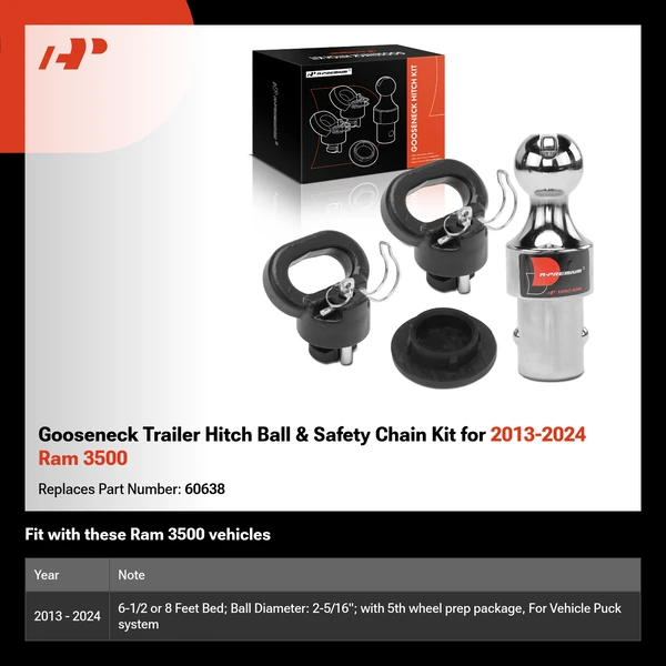 Gooseneck Trailer Hitch Ball & Safety Chain Kit for 2013-2024 Ram 3500