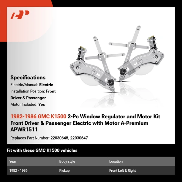 1982-1986 GMC K1500 2-Pc Window Regulator and Motor Kit Front Driver & Passenger Electric with Motor A-Premium APWR1511