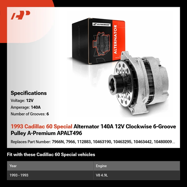 1993 Cadillac 60 Special Alternator 140A 12V Clockwise 6-Groove Pulley A-Premium APALT496