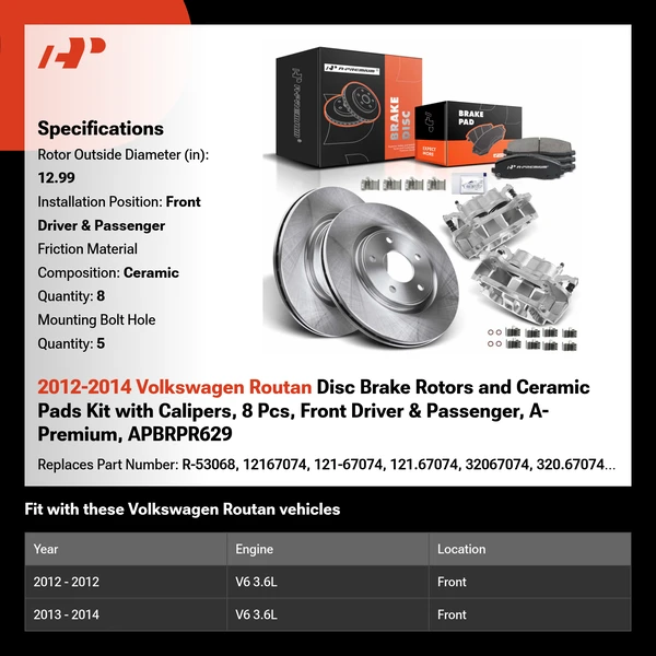 2012-2014 Volkswagen Routan Disc Brake Rotors and Ceramic Pads Kit with Calipers, 8 Pcs, Front Driver & Passenger, A-Premium, APBRPR629