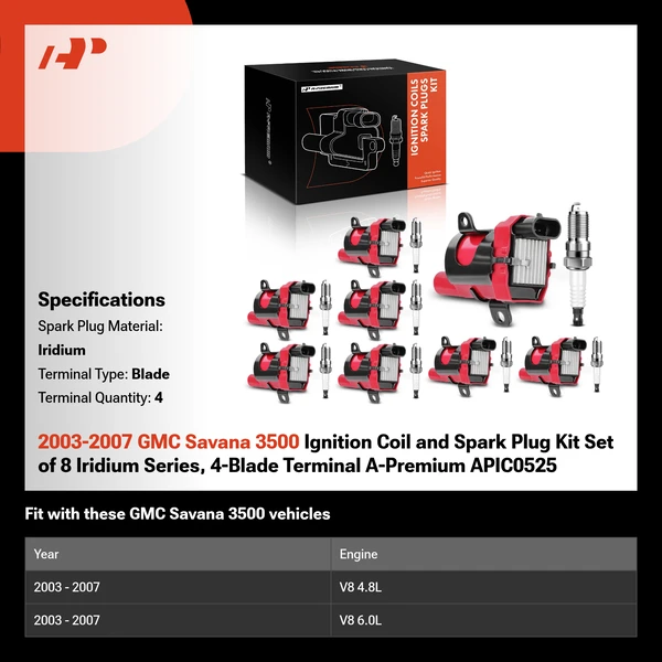 2003-2007 GMC Savana 3500 Ignition Coil and Spark Plug Kit Set of 8 Iridium Series, 4-Blade Terminal A-Premium APIC0525