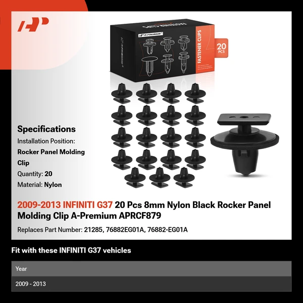 2009-2013 INFINITI G37 20 Pcs 8mm Nylon Black Rocker Panel Molding Clip A-Premium APRCF879