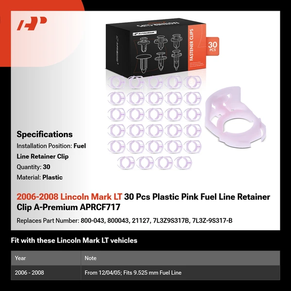 2006-2008 Lincoln Mark LT 30 Pcs Plastic Pink Fuel Line Retainer Clip A-Premium APRCF717