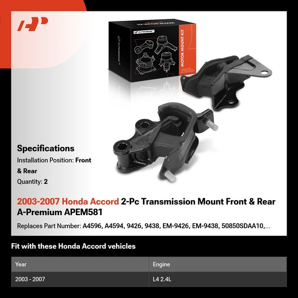 2003-2007 Honda Accord 2-Pc Transmission Mount Front & Rear A-Premium APEM581