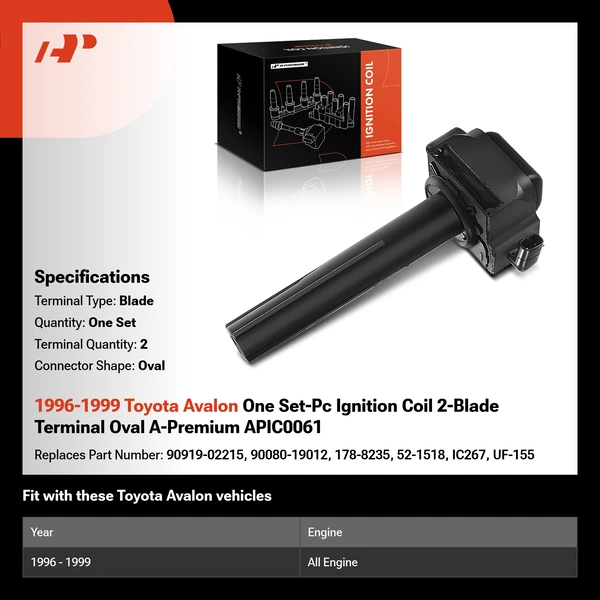 1996-1999 Toyota Avalon One Set-Pc Ignition Coil 2-Blade Terminal Oval A-Premium APIC0061