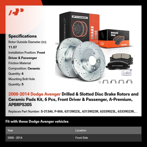 2008-2014 Dodge Avenger Drilled & Slotted Disc Brake Rotors and Ceramic Pads Kit, 6 Pcs, Front Driver & Passenger, A-Premium, APBRPS305