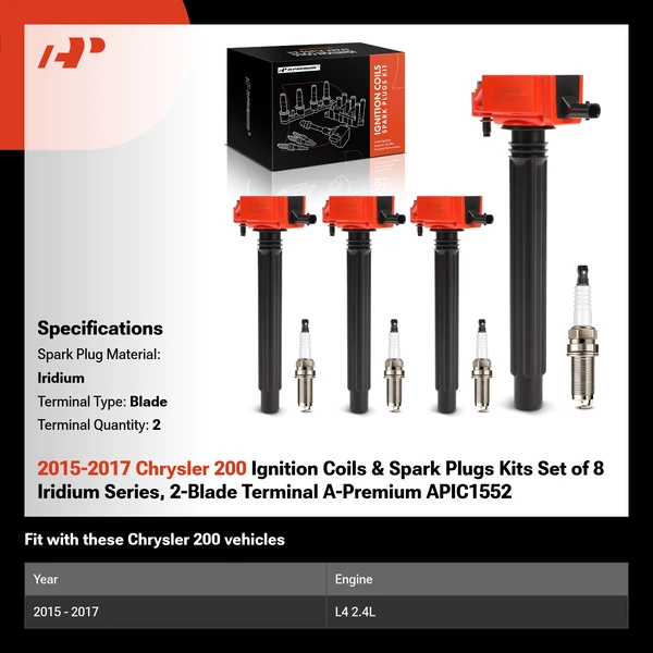 2015-2017 Chrysler 200 Ignition Coils & Spark Plugs Kits Set of 8 Iridium Series, 2-Blade Terminal A-Premium APIC1552